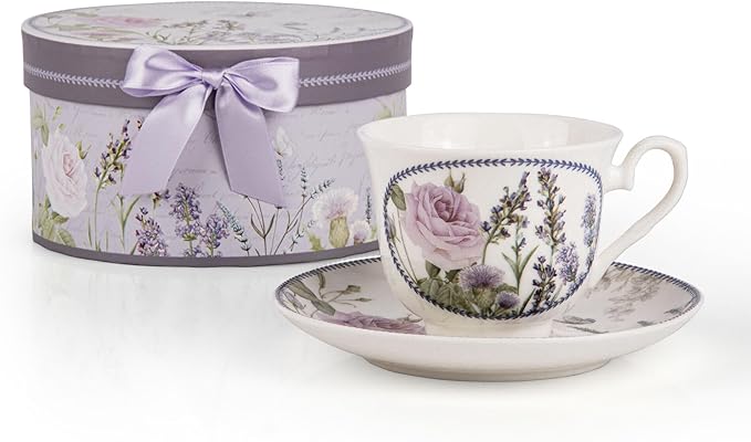 STP GOODS Bone China Tea/Coffee Cup and Saucer in Gift Box Fine Bone China Coffee Cup with Saucer Tea Cup and Saucer Set of One (Lavanda)