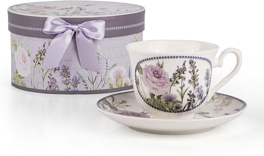 STP GOODS Bone China Tea/Coffee Cup and Saucer in Gift Box Fine Bone China Coffee Cup with Saucer Tea Cup and Saucer Set of One (Lavanda)