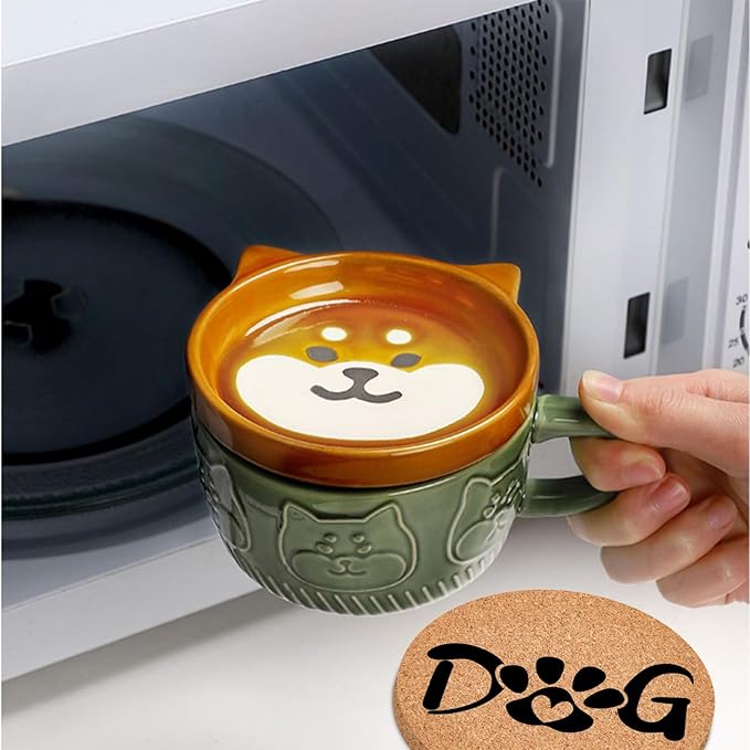 BigNoseDeer Cute Kawaii Dog Mug,Dog Coffee Mugs with Lids,Novelty Animal Coffee Ceramic Tea Cup Dessert Saucer Set,Christmas Birthday Presents for Girls Friend Kids,Dog Lovers Gifts for Women