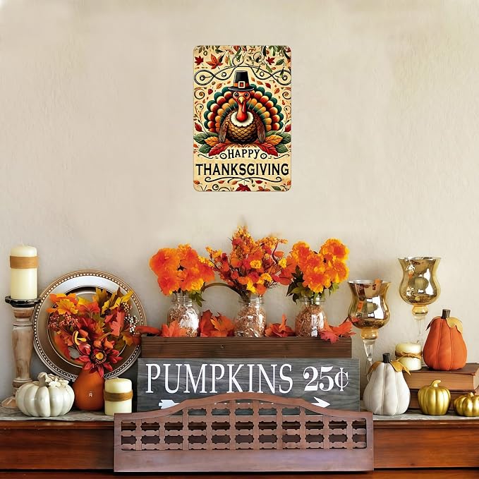 Happy Thanksgiving Sign Vintage Turkey tin Sign Fall Wall Decor Metal Signs for Home Bedroom Living Room Bar Cafe Yard Garden Holiday Decor Gift 08×12 Inch - Image 2