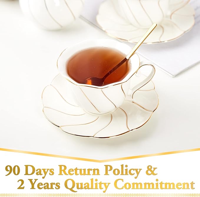 FUNLIO DUJUST Porcelain Tea Cup & Saucer Set, Luxury British Style, Golden Trim, Perfect for Living Room Decoration & Tea Party, Includes Tea Spoon