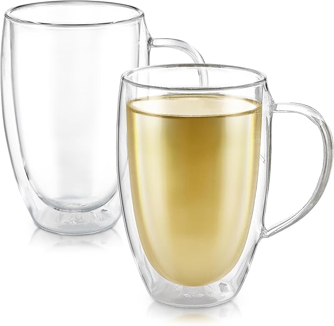 Teabloom Double Walled Glasses - Set of 2 Insulated Glass Mugs for Tea, Coffee, and More (12 Ounces) – Clear Bliss Collection