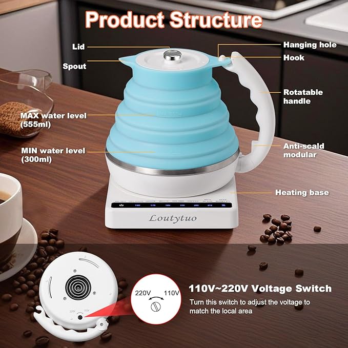 Ultrathin Food Grade Silicone Travel Foldable Electric Kettle Variable Temperature Control with Travel Bag, Dual Voltage & Auto Shut off & Boil Dry Protection & Keep Warm, 555ML 100-240V US Plug
