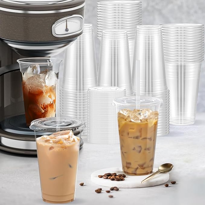 Dealusy 100 Pack - 20 oz Clear Plastic Cups with Lids and Straws, Sturdy & Food Safe Iced Coffee Cups with lids, Disposable Plastic Smoothie Cups for Cold Drinks