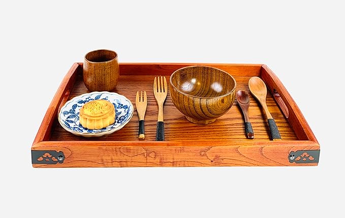 JapanBargain 1608, Wooden Serving Tays with Handle Rectangle Butler Tray Breakfast Lunch Bento Dinner Tray Tea Serving Tray Platter, 16.5 x 10.75 inch, 2-Pack