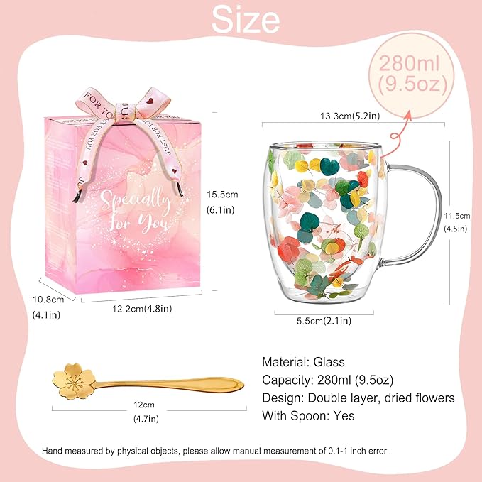 Gifts for Women Dried Flowers Double Wall Glass Coffee Mugs Cute Glass Tea Cups with Handles Christmas Birthday Gift for Best Friend Teacher Mum Gifts New Home Gift Ideas Autumn Mug Home Decor