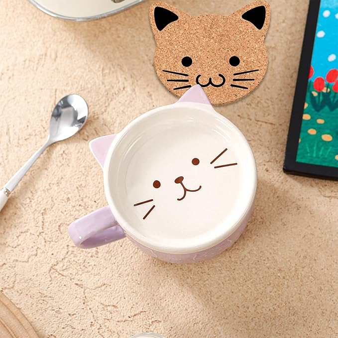 BigNoseDeer Cute Cat Mug Kawaii Tea Cup Purple Ceramic Coffee Mug with lid,Tea Cups and Saucers for Dessert Cute Gifts Cat Gifts for cat Lovers Christmas gifts 10oz(Purple)