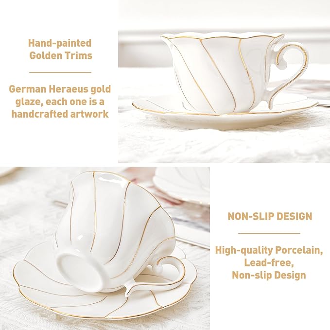 DUJUST Luxury Tea Cups and Saucers with Golden Trim, White Porcelain Tea Set of 4(7oz), British Style Coffee Cup Set, Beautiful Tea Set for Women, Tea Party Set, Gift Package - White