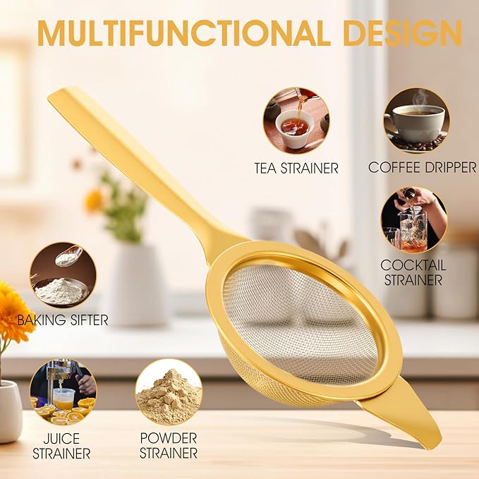 2.2" Mini Matcha Sifter Set, 30 Fine Mesh Matcha Strainer with Handle and Base, Stainless Steel Small Tea Strainer for Loose Tea Coffee Cocktail(Gold)