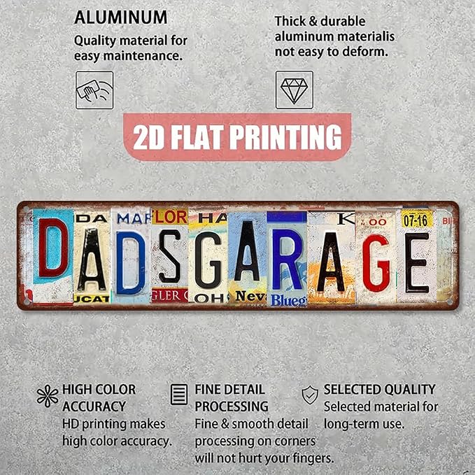 Vintage License Plate DADS GARAGE Sign – 16x4 Inch Rustic Tin Wall Décor for Workshop, Home Garage, Man Cave, Tool Shed or Father's Day Gift - Image 3