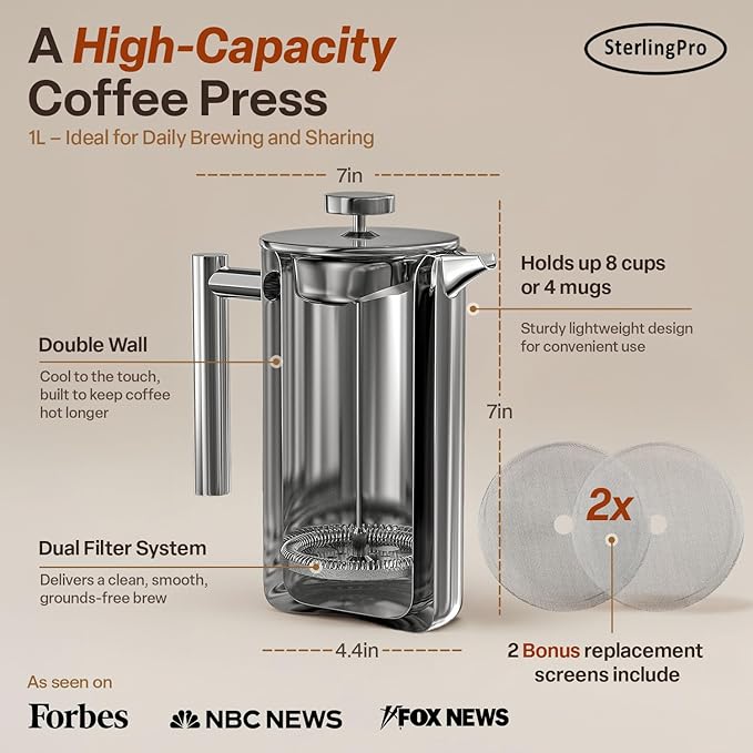 Stainless Steel French Press Coffee Maker 1 L (34 oz) Mirror – Double Walled Insulated Large Coffee Press, Durable Design Keeps Drinks Hot, Easy to Use and Clean for Rich Flavor Brewing
