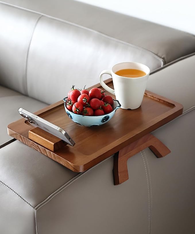 BAMBOO LAND- Couch Arm Tray, Wooden Folding Couch Armrest Table, Rectangular Clip-On Sofa Arm Tray with 360° Rotating Phone Holder