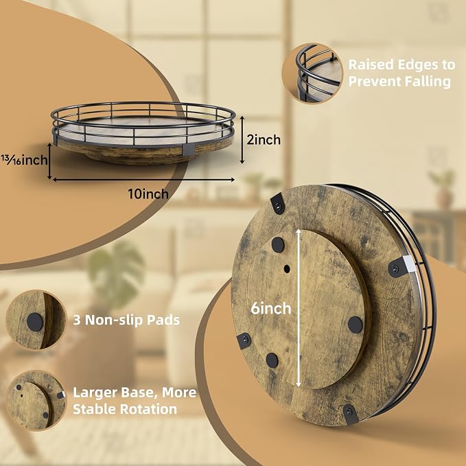 Lazy Susan Turntable Organizer for Table Top, 10’’ Round Wooden Lazy Susan for Cabinet Kitchen Countertop Pantry Dining Coffee Table for Condiments Spices, Rustic Bathroom Vanity Tray for Soap Candle - Image 2