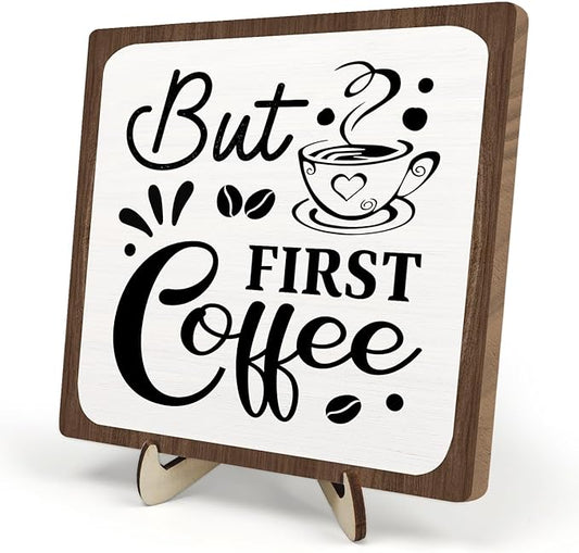 Coffee Bar Sign Plaque, Coffee Bar Accessories,Rustic Farmhouse Cafe Sign for Kitchen Office,Wooden Tabletop Plaque with Stand,Cute Mini Café Bar Decor Gift 5.9x5.9inch