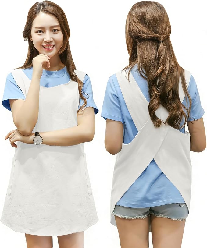 Shortened Design Apron, Japanese Style Soft Cotton Linen Apron with Two Side Pockets, X Cross Halter Aprons, Kitchen Cooking Clothes Gift for Women DIY Project, Crafting, Cooking, Baking(White) by KKTOCHVC