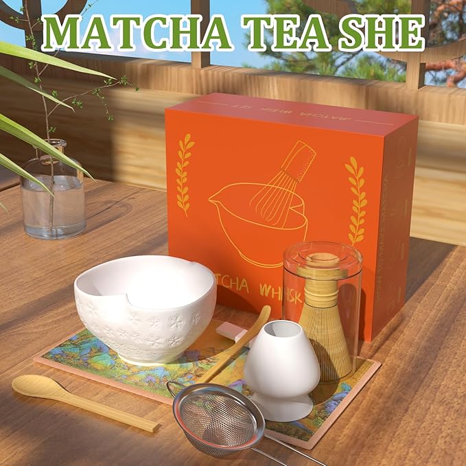Matcha Whisk Set & Japanese Tea Set, 8PCS Ceramic Matcha Kit, Heart-shaped Matcha Bowl with Spout and Bamboo Whisk for Ceremony Matcha Lovers, Ideal Gift Christmas and Birthday (Ivory White)