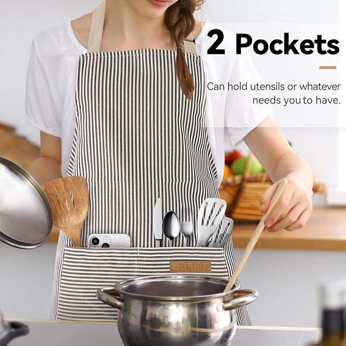 NLUS 2 Pack Cooking Aprons for Women with Pockets, Adjustable Kitchen Bib Aprons Chef Aprons for Women Men(Brown Pinstripes)