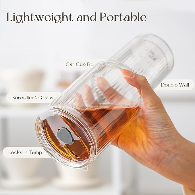 KEMORELA 28 oz Double Wall Glass Tumblers Set of 2, Extra-Wide 13mm Reusable Glass Drinking Straws, Boba Tumbler, Wide-Mouth Water Cups for Iced Coffee, Smoothies, Boba & Tea Lovers (Ribbed)