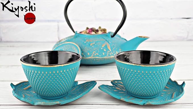 4pc Japanese Tea Cups Set. Turquoise/Gold Cast Iron Tea Cup Set, 2 Tea Cups and Saucers. 4oz Teacup Set For Any Japanese Tea Set or Teapot.