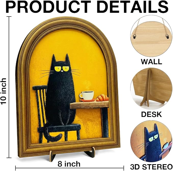 3D Funny Black Cat Coffee Wall Art Sign, Cute Cat with Coffee and Croissant Decor Sign for Kitchen Dining Room Cafe Table Wall Desk Decor 8x10 Inch