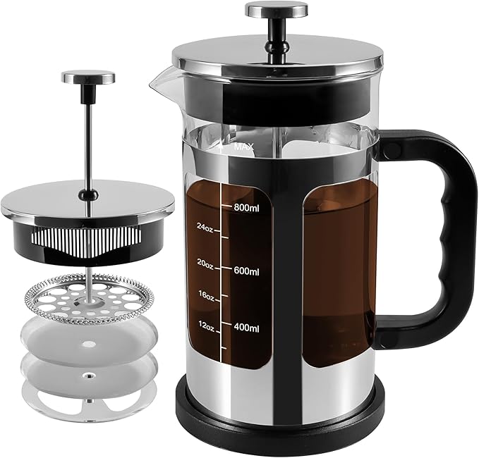 French Press Coffee Tea Maker, Upgrade Heat Cold Resistant Thickened Glass with 4 Level Stainless Steel Filtration System Brew Coffee & Tea, BPA Free, Large 1000ml 34oz (Silver)
