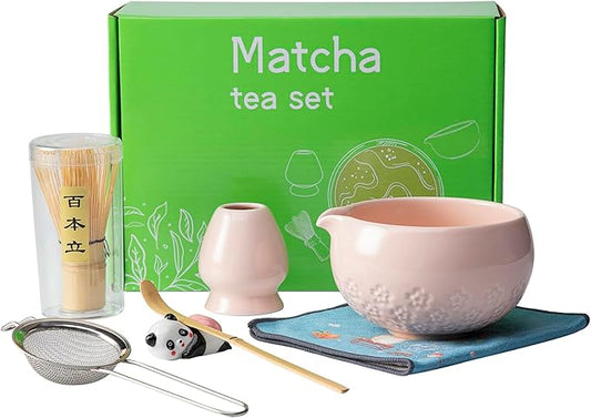 Matcha whisk set, pink matcha bowl set, includes bowl with spout, bamboo whisk, spoon, ceramic stand, stainless steel sieve, towel. Perfect matcha starter set (pink)