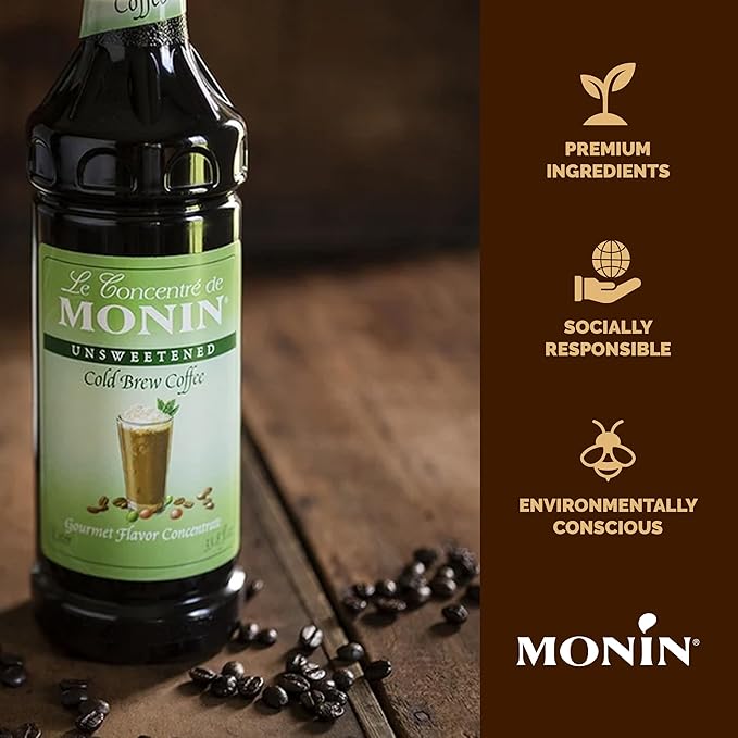 Monin - Premium Unsweetened Cold Brew Coffee Concentrate | Rich Espresso Flavor | Clean Label with No Artificial Flavors, No Artificial Preservatives (BPA-Free Plastic Bottle, 33.8 fl oz)