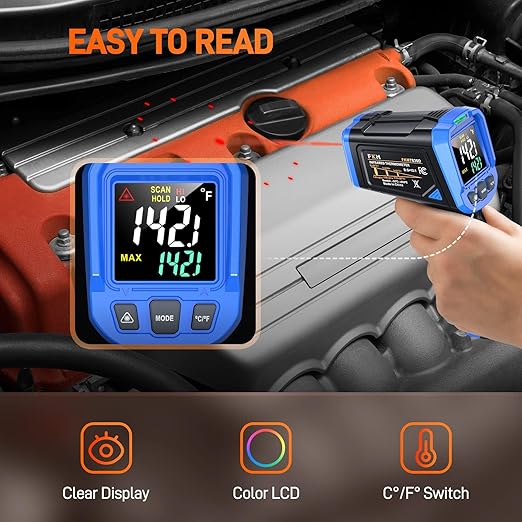 FKM Laser Thermometer Gun -58°F~1112°F(-50°C~600°C),Non Contact Infrared Thermometer Gun for Industrial,Engine,HVAC,Kitchen Cooking,Digital Temperature Gun Adjustable Emissivity,Not for Human