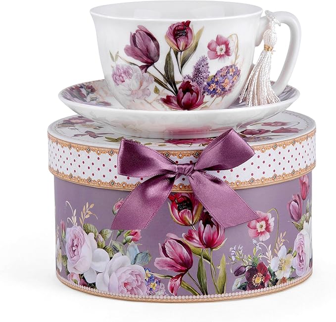 STP GOODS Bone China Tea/Coffee Cup and Saucer in Gift Box Fine Bone China Coffee Cup with Saucer Tea Cup and Saucer Set of One (Flowers 300ml)