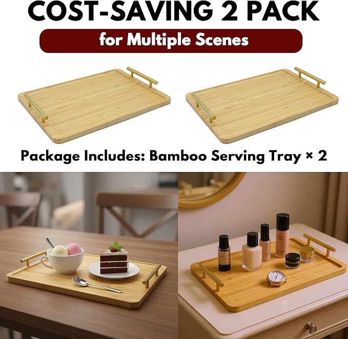 2 Pack Bamboo Serving Tray with Metal Handles, 15.8×11.4“ Solid Wooden Tray for Food, Rectangular Decorative Tray for Ottoman, Coffee Table, Living Room, Bathroom, Party
