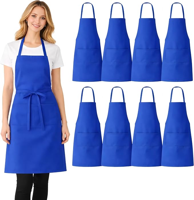 8 Pack Aprons Bulk with Pockets, Unisex Apron with Extra Long Ties for Chef, Cooking Classes, Painting, BBQ by NYMMOATA