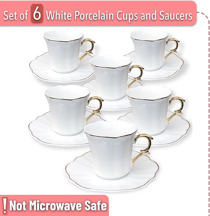 BTaT- Turkish Coffee Cup Set, 3 oz, 6 Set (12 pcs), Elegant White Cups & Saucers with Gold Trim, Small Porcelain Espresso Set for Serving Greek, Arabic & Turkish Coffee, Gift Giving