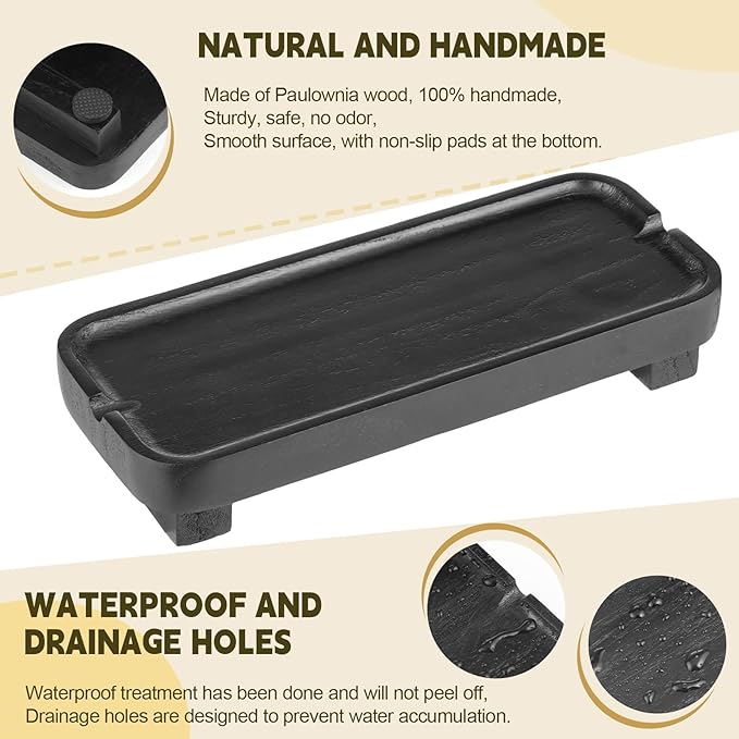 Wood Riser Small Decorative Tray Sink Soap Dish, Vanity Tray Pedestal Stand 8.7 x 3.6 inches (Black)
