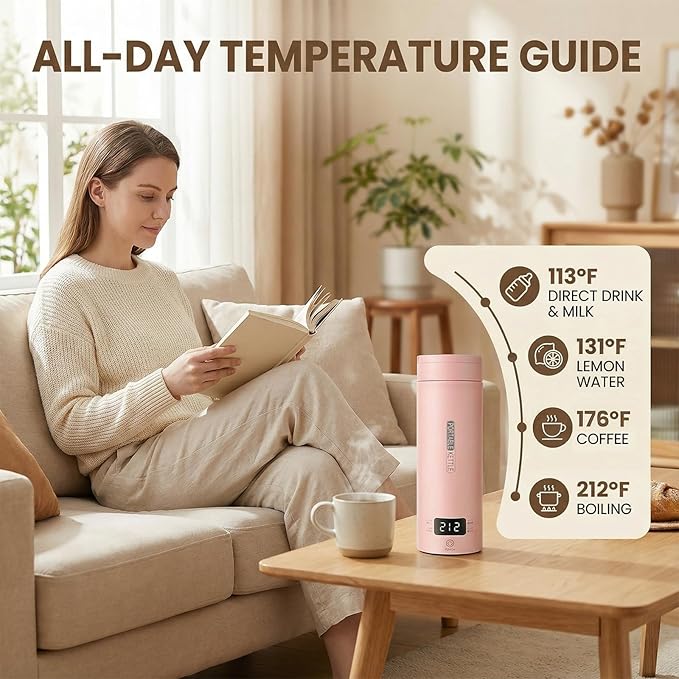 Pink Portable Electric Kettle forTravel, Small Hot Water Kettle with NTC Temperature Control and Auto Shut-Off, 316 Stainless Steel, Green 110V & 15oz