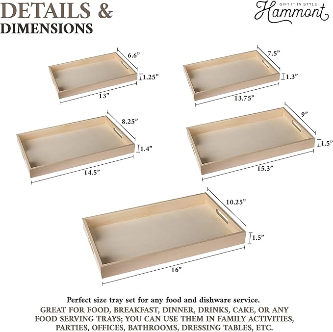 Hammont Wood Serving Tray Set with Handles - 5-Piece Nested Breakfast Trays for Food, Party Buffet, Organizing, and Montessori - Versatile Wooden Trays for Serving, Catering, and Bathroom Use