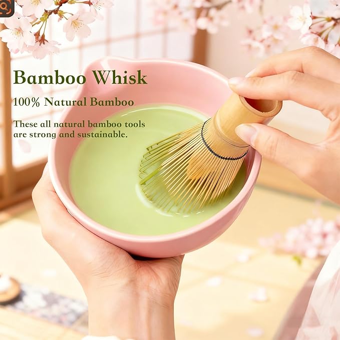 5Pcs Japanese Matcha Tea Set - Ceramic Bowl with Spout & Holder, Bamboo Whisk (Chasen), Scoop, Sifter - Complete Traditional Tea Ceremony Kit for Beginners, Gift for Tea Lovers(Pink)