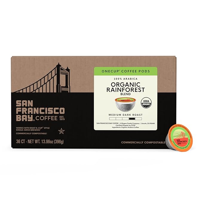 San Francisco Bay Coffee - OneCUP Organic Rainforest Blend 36 Ct Medium Dark Roast Compostable Coffee Pods, K Cup Compatible including Keurig 2.0