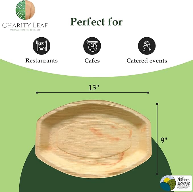 Charity Leaf Disposable Palm Leaf 13" x 9" Trays (100 pieces) Bamboo Like Serving Platters, Disposable Boards, Eco-Friendly Dinnerware For Weddings, Catering, Events