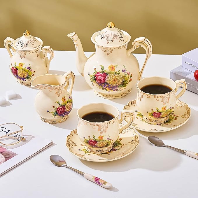 Tea Cups and Saucers Set of 2, 8 Oz Ivory Floral Porcelain Teacup and Saucer Set with Gold Trim, Vintage Tea Cups with Spoon, European Style (Colorful Floral)