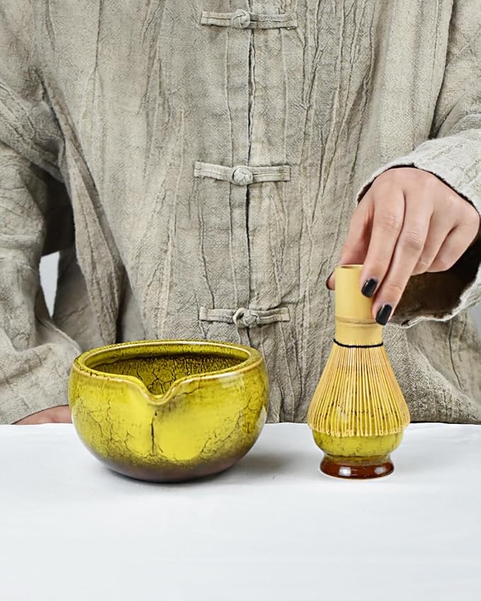 Artcome Matcha Tea Set – 20.2oz Premium Matcha Bowl with Spout, Whisk, Scoop, Whisk Holder & Brewing Guide – Authentic Japanese Tea Ceremony Tools for Perfect Matcha Preparation, Yellow