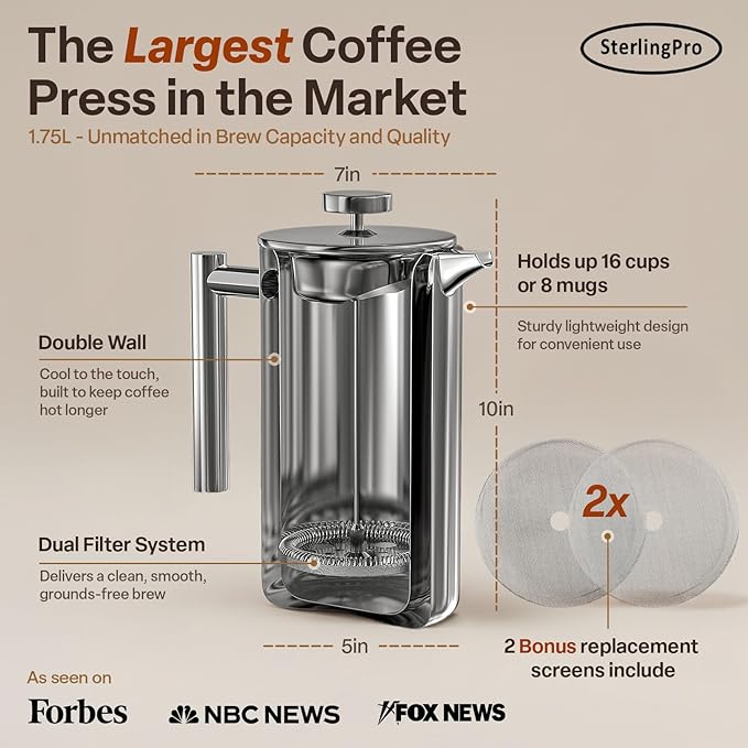 Stainless Steel French Press Coffee Maker 1.75 L (59 oz) Mirror – Double Walled Insulated Extra Large French Press, Durable Design Keeps Drinks Hot, Easy to Use and Clean for Rich Flavor