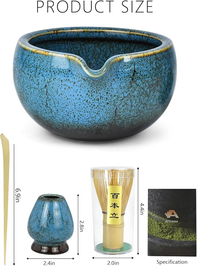 Artcome Matcha Tea Set – 20.2oz Premium Matcha Bowl with Spout, Whisk, Scoop, Whisk Holder & Brewing Guide – Authentic Japanese Tea Ceremony Tools for Perfect Matcha Preparation, Blue