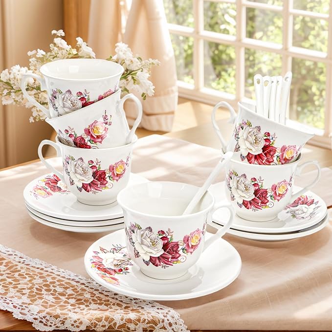 Tea Cups and Saucers Set of 6, 6 Oz Porcelain Floral Tea Cups with Spoon, Bone China Coffee Cup Saucer Gift Set for Cappuccino, Espresso, Latte, Cafe Mocha, Microwave Safe