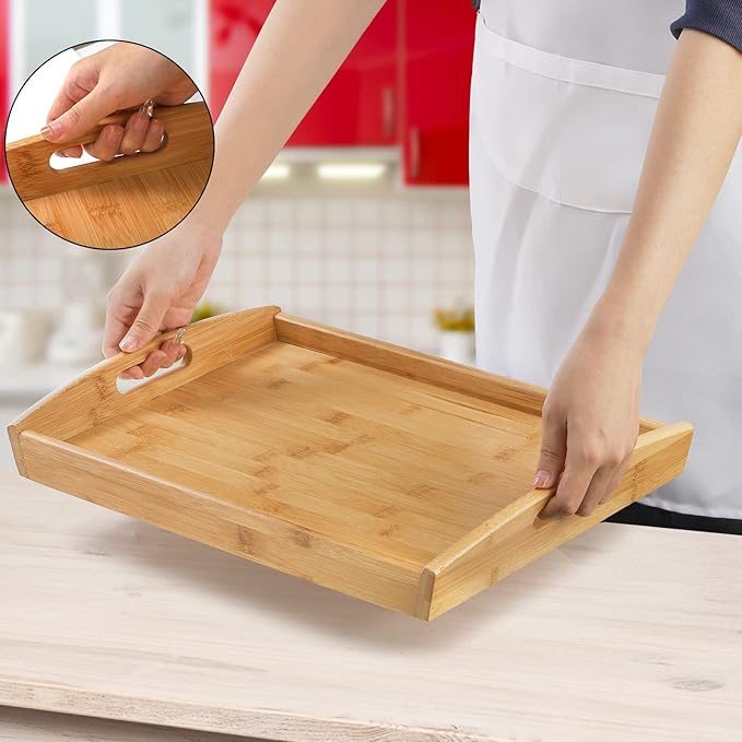 Peohud 4 Pack Bamboo Serving Trays with Handles, Rectangular Kitchen Food Tray for Eating, Dinner Trays for Eating on Couch, Wood Serving Platter for Breakfast, Tea, Bar, Restaurant, Party or Bed