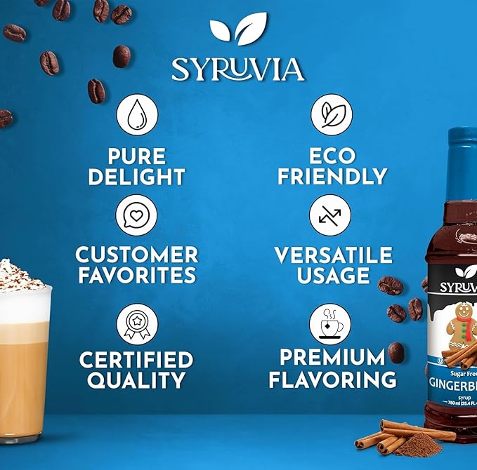 Syruvia Sugar Free Gingerbread Syrup for Coffee, Flavored Syrup for Drinks, Lattes, and Desserts – 25.4 fl oz