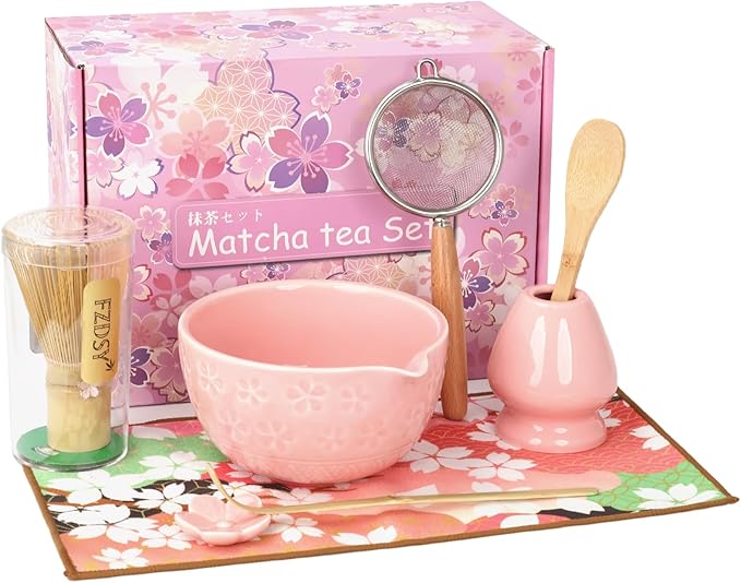 Sakura Matcha Whisk Set, 8 PCS Japanese-Style Matcha Kit with Cherry Blossom Matcha Bowl, Bamboo Whisk & Holder, Scoop, Spoon Rest, Wooden-Handle Sifter & Gift Box for Matcha Lovers (Pink)