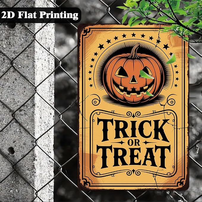 Vintage ''Trick or Treat'' Metal Sign - 8x12 Inch, Spooky Pumpkin Ghost Art Sign For Porch, Pubs, Cafe, Garage Decor, Halloween Party Accessories, Halloween Decor - Image 4