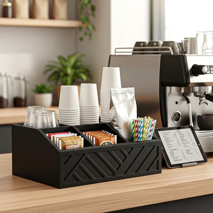 Kifmurase Black Coffee Station Organizer for Counter, Wood Coffee Pods Holder Storage Basket with 5 Compartments, Coffe and Tea Condiment Basket Storage Organizer, Farmhouse Bar Accessories Decor - Image 4