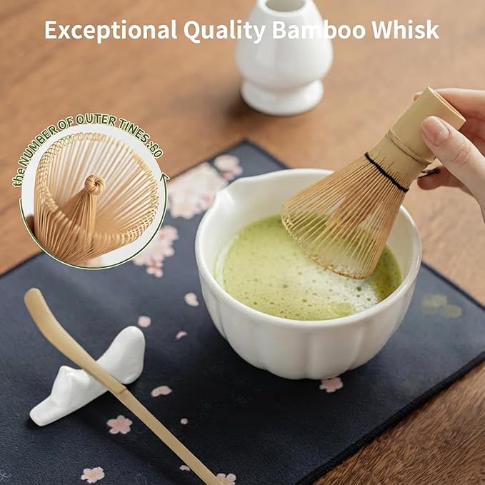 8 Pcs Matcha Whisk Set, HTRCXB Matcha Set with Ceramic Bowl, Bamboo Whisk & Holder, Scoop, Sifter, Measuring Spoon, Scoop Rest & Tea Towel, Complete Set for Beginners & Tea Lovers (Ceramic, White)