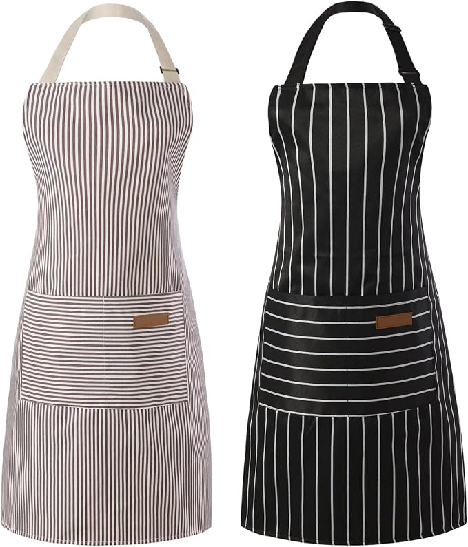 Tosewever 2 Pieces Kitchen Cooking Aprons, Cotton Polyester Blend Adjustable Bib Aprons with 2 Pockets for Women Men Chef Chef (Black/Brown Stripes, 2) by Tosewever